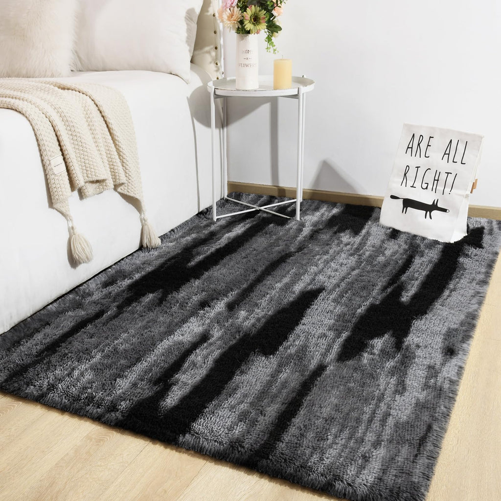 TWINNIS Super Soft Shaggy Rugs Fluffy Carpets, 5x8 Feet, Indoor Modern Plush Area Rugs for Living Room Bedroom Kids Room Nursery Home Decor, Upgrade Anti-Skid Rectangular Fuzzy Rug, Black Gray