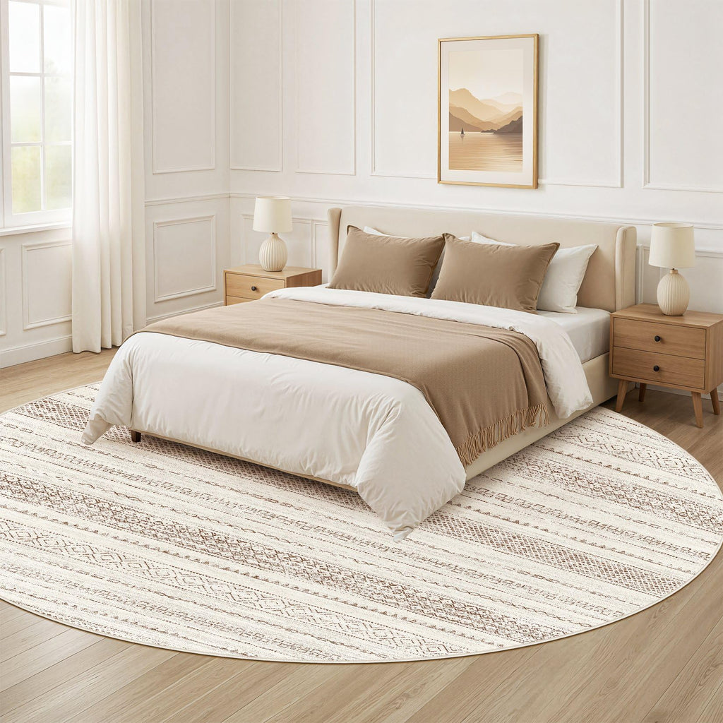Nakagishi Round Rug Boho Area Rugs: 6x6 Washable Large Circle Neutral Soft Stain Resistant Non-Slip Carpet for Women Aged 25-45 Farmhouse Decor Enthusiasts - Living Room Bedroom Dining Room Nursery
