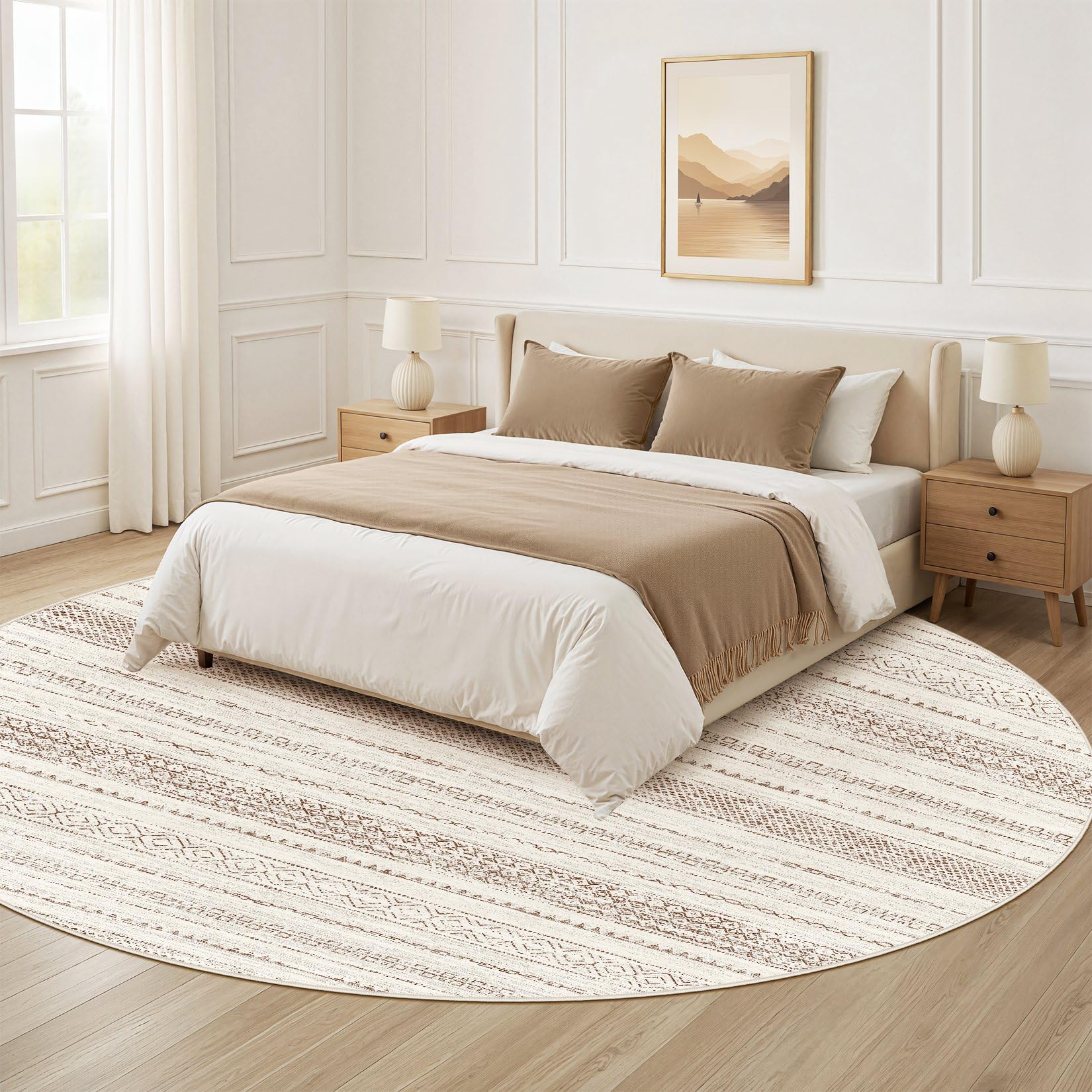 Nakagishi Round Rug Boho Area Rugs: 6x6 Washable Large Circle Neutral Soft Stain Resistant Non-Slip Carpet for Women Aged 25-45 Farmhouse Decor Enthusiasts - Living Room Bedroom Dining Room Nursery