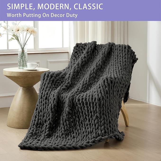 Bigacogo Chunky Knit Throw Blanket for Couch, 80x90 inches, Dark Grey