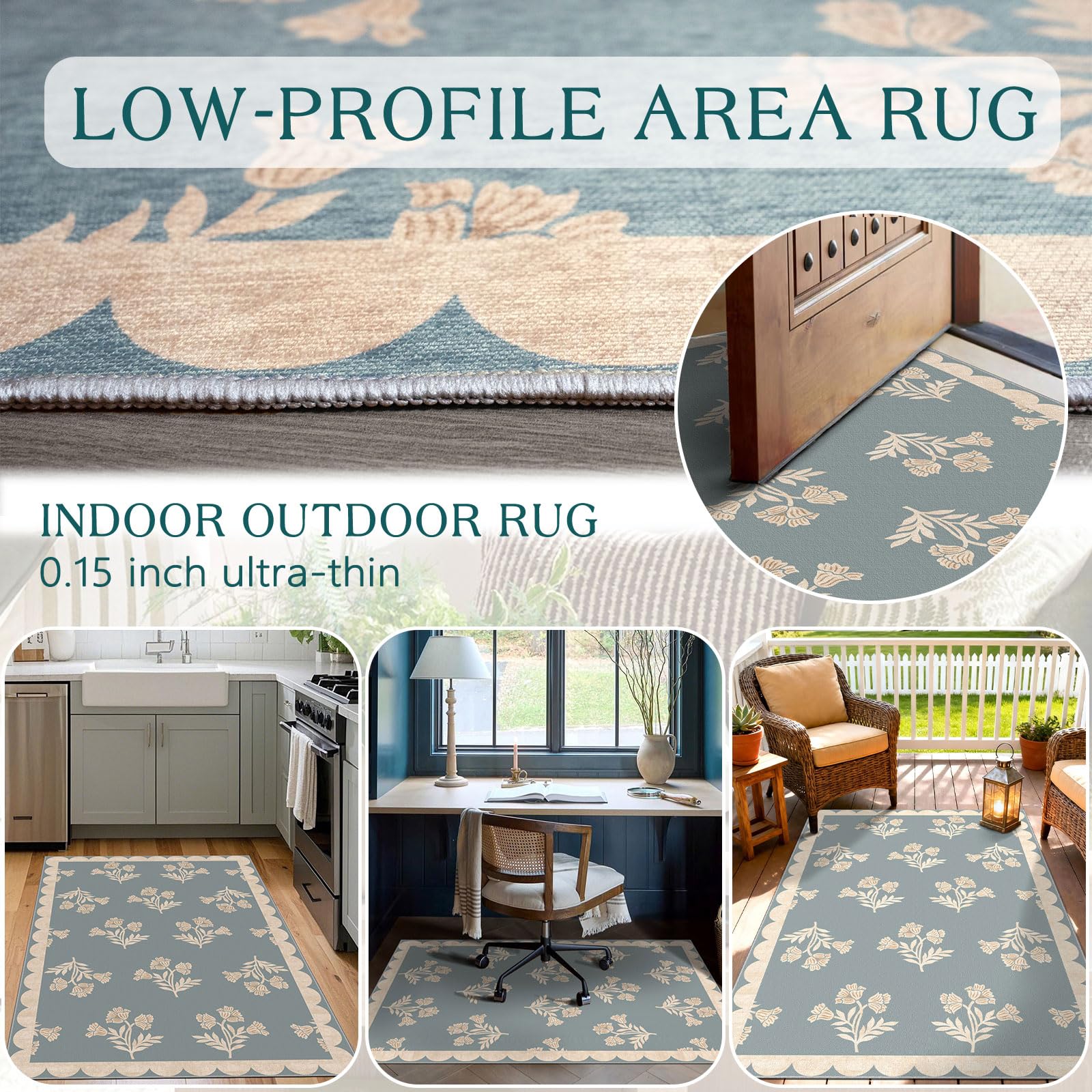 Othilic 3x5 Floral Entry Rug - Small Washable Indoor Outdoor Mats for Front Door Non-Slip Porch Rug Blue Boho Farmhouse Scalloped Throw Rugs for Living Room Bedroom Entryway Kitchen Office Porch Decor