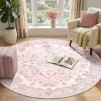 Area Rugs 4ft Washable Non-Slip, Floral Vintage Distress Print Pattern Medallion Carpet for Living Room Bedroom Dining Room, Pink Greypink Cute