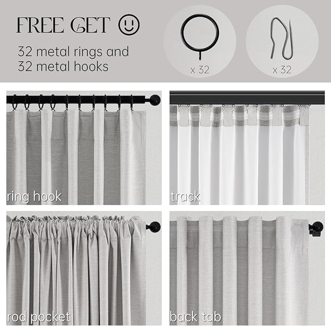 Grey Linen Blackout Curtains for Living Room 2 Panels Set 92 Inches Long Linen Texture Room Darkening Energy Saving Curtain Window Coverings Hook Belt Pleated Drapes Aesthetic Bedroom(W40"xL92")