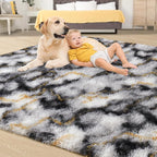 Tepook Soft Fluffy Rugs for Bedroom, 4x6 Area Rug for Living Room, Modern Shaggy Room Rug for Kids Boys Girls, Plush Throw Rugs Indoor Nursery Home Decor Rug with Non-Slip Bottom, White Black Gold