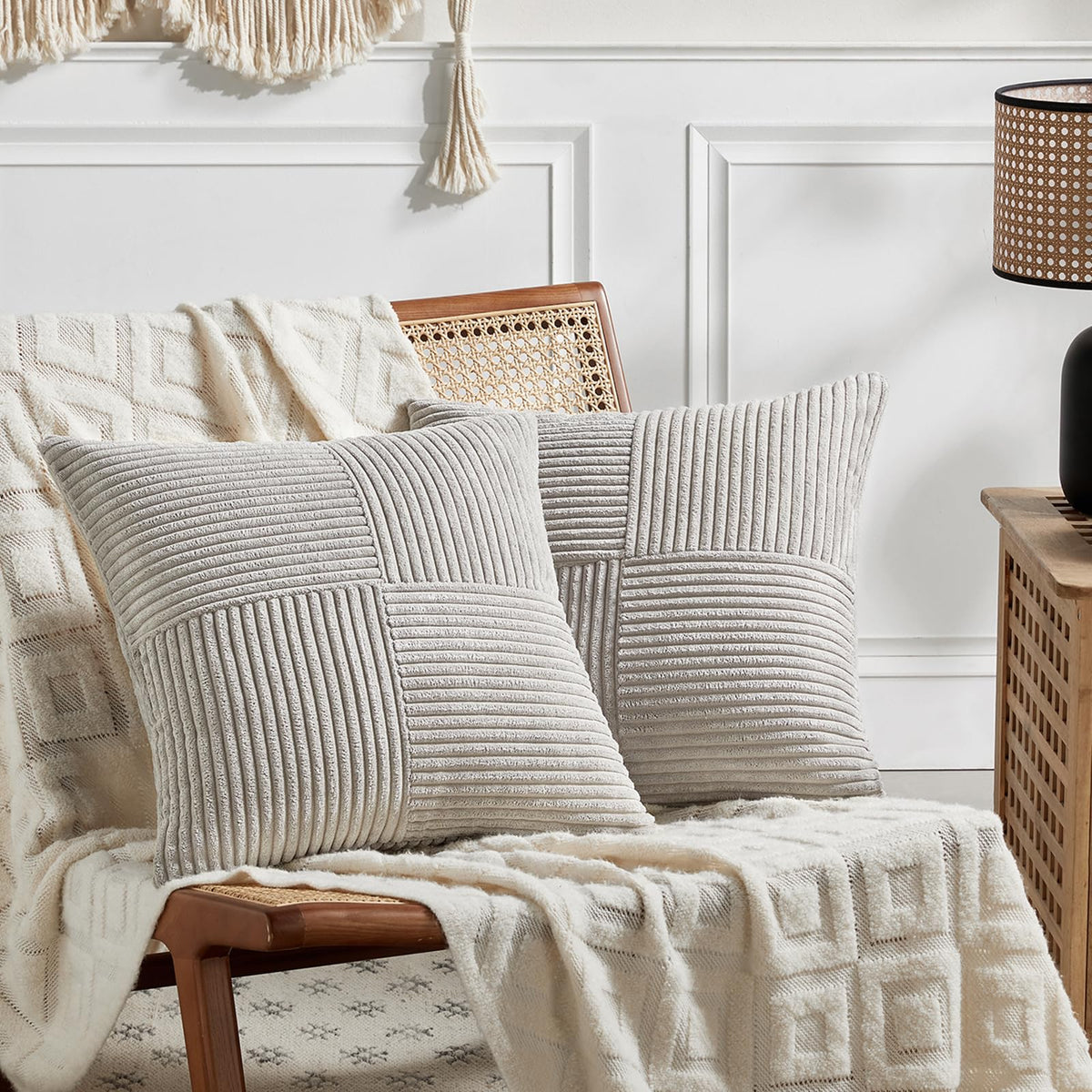 Fancy Homi 2 Packs Tan Decorative Throw Pillow Covers 22x22 Inch for Living Room Couch Bed Sofa, Rustic Farmhouse Boho Home Decor, Soft Corss Corduroy Patchwork Accent Beige Cushion Case 55x55 cm
