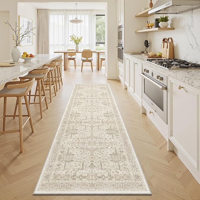 Washable 2x8 Runner Rug - Non Slip Vintage Kitchen Runner Rugs Low-Pile Distressed Long Rugs for Hallway Waterproof Indoor Carpet for Living Room Bedroom Entryway 2'x8' Beige