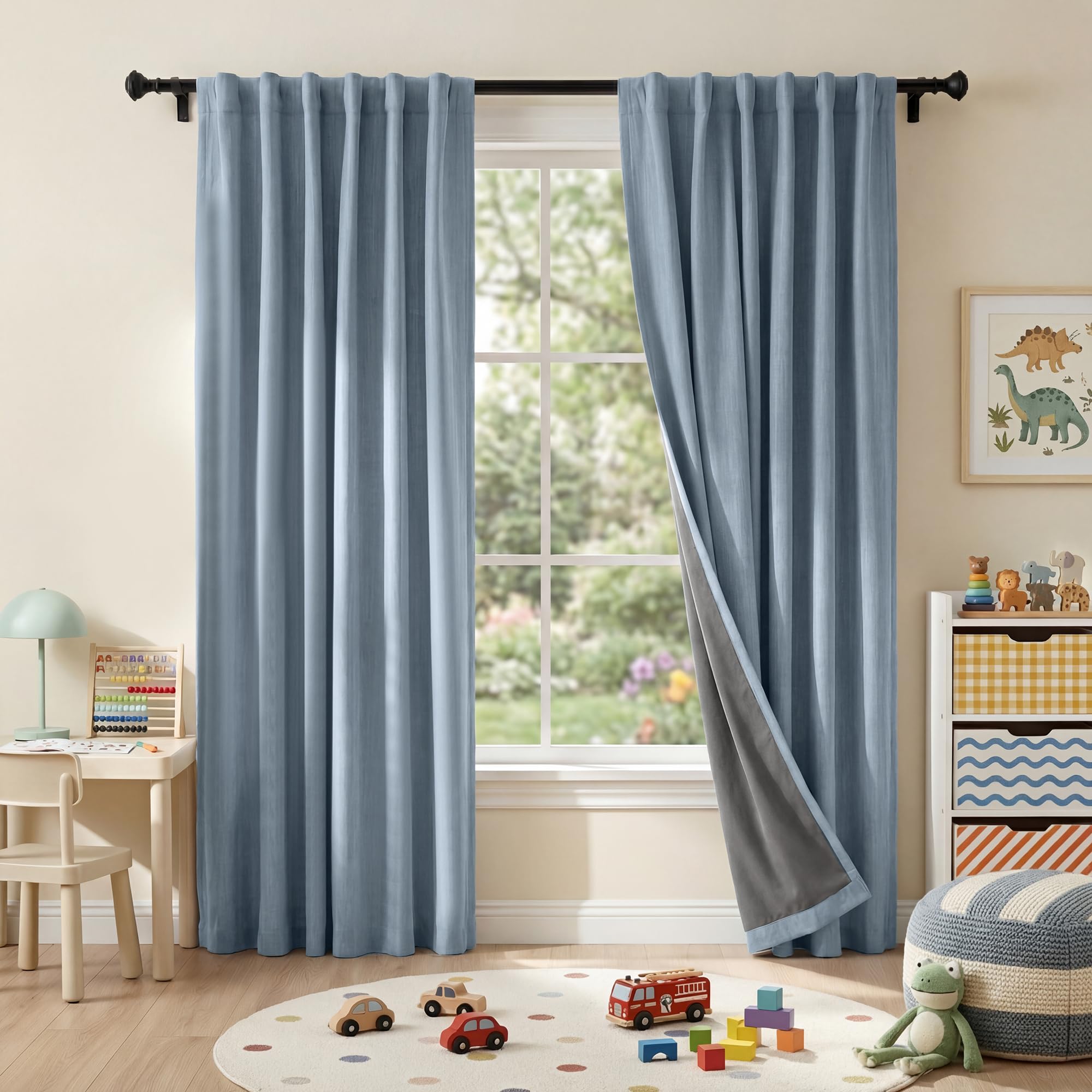 RYB HOME Smoky Blue 100% Blackout Linen Curtains 102 Inch Long for Loft