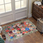 Floral Rug for Entryway, Green 2X3 Washable Kitchen Mat Ultra-Thin Soft, Non-Slip Indoor Door Carpet Stain Resistant Boho Small Low-Pile Throw for Bathroom Bedroom (Green Garden, 2 x 3)