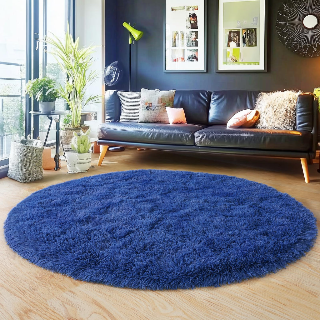 Quntue 5'x5' Blue Round Rug for Bedroom, Ultra Soft Fluffy Circle Rug for Kids Girls Boys Room, Cute Shag Rugs for Living Room Playroom Teen Room Home Decor Rug