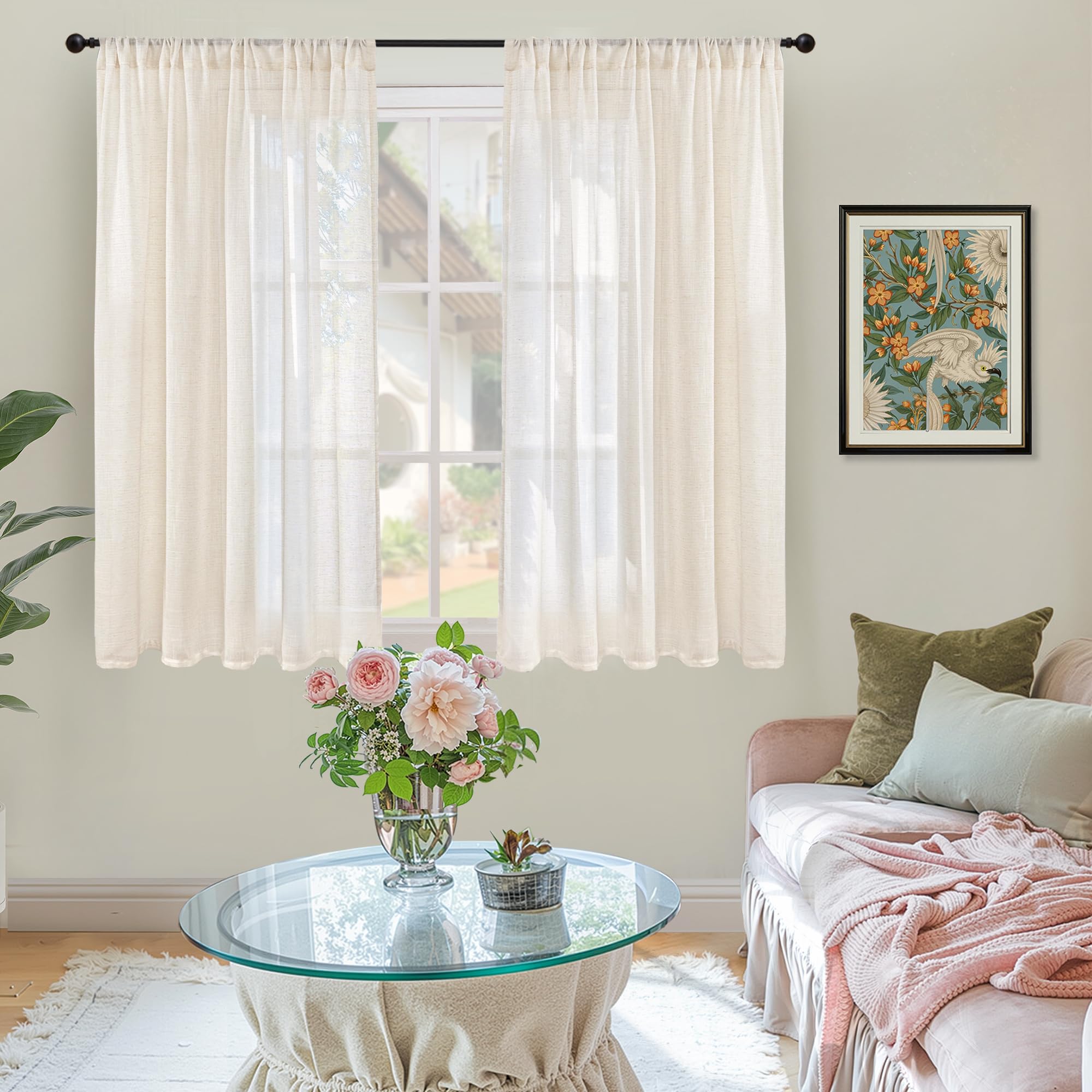 BGment 54 Inch Length Natural Linen Curtains for Short Window - Rod Pocket Semi Sheer Beige Drapes Light Filtering for Living Room Bedroom Textured Rustic Decorative, 2 Panels, Each Panel 42 Inch Wide