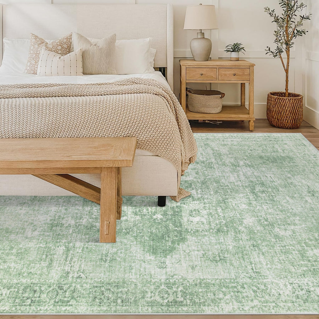 VECARF Area Rug 6x9 Washable Rug, Vintage Boho Medallion Rugs Non-Slip Soft Low Pile Large Distressed Rug Indoor Retro Carpet for Living Room Bedroom Dining Room Home Office (SageGreen, 6'x9')