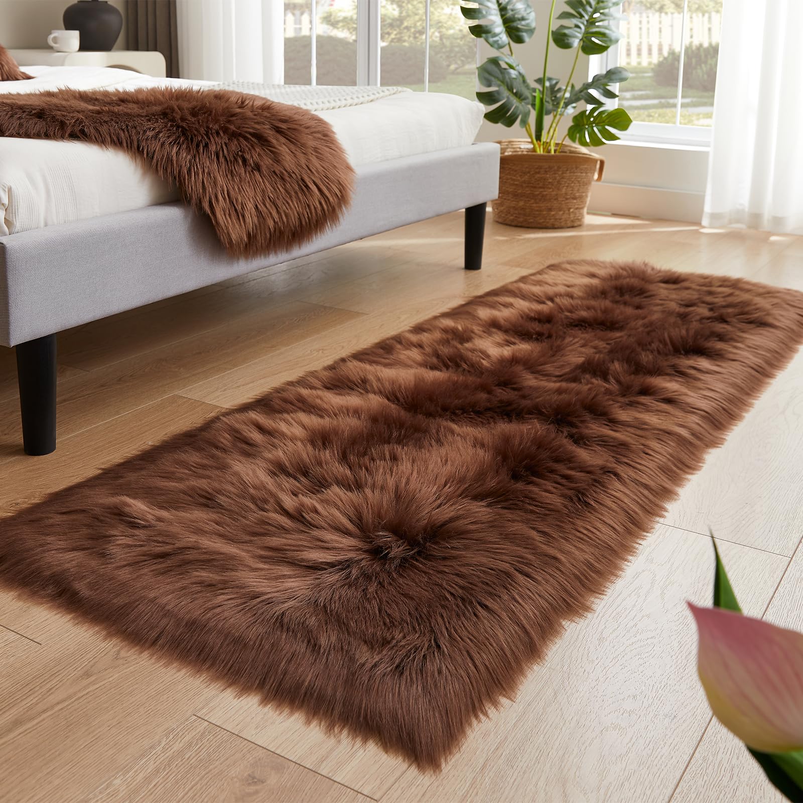 EasyJoy Ultra Soft Fluffy Rugs Faux Fur Rug Chair Cover Seat Pad Fuzzy Area Rug (2x6 ft Rectangle, Coffee)