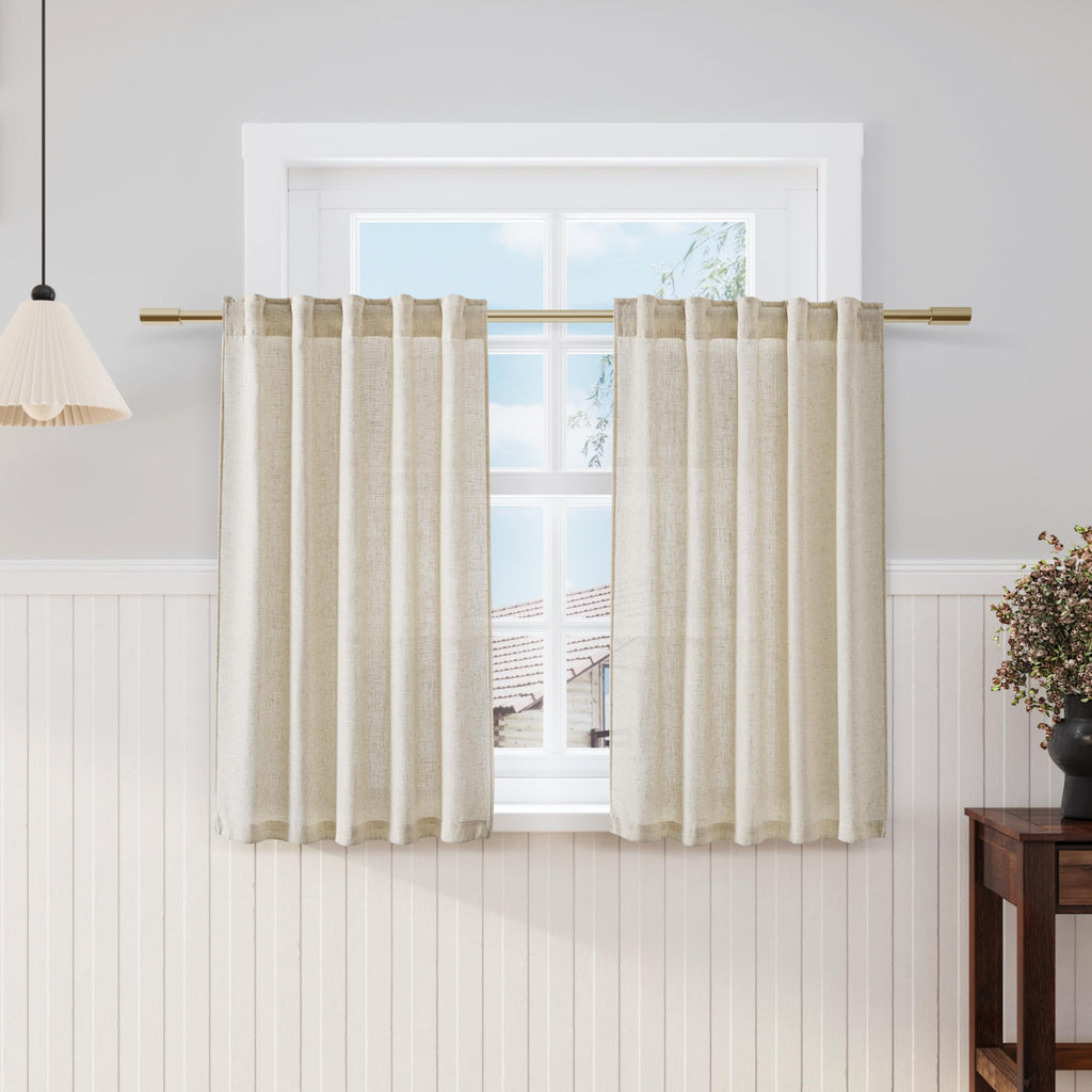 Nanspring Beige Cafe Curtains 45 Inch Length Set 2 Panel Back Tab Pocket Semi Sheer Short Linen Beige Curtain Tiers for Small Bathroom Window Basement 38x45