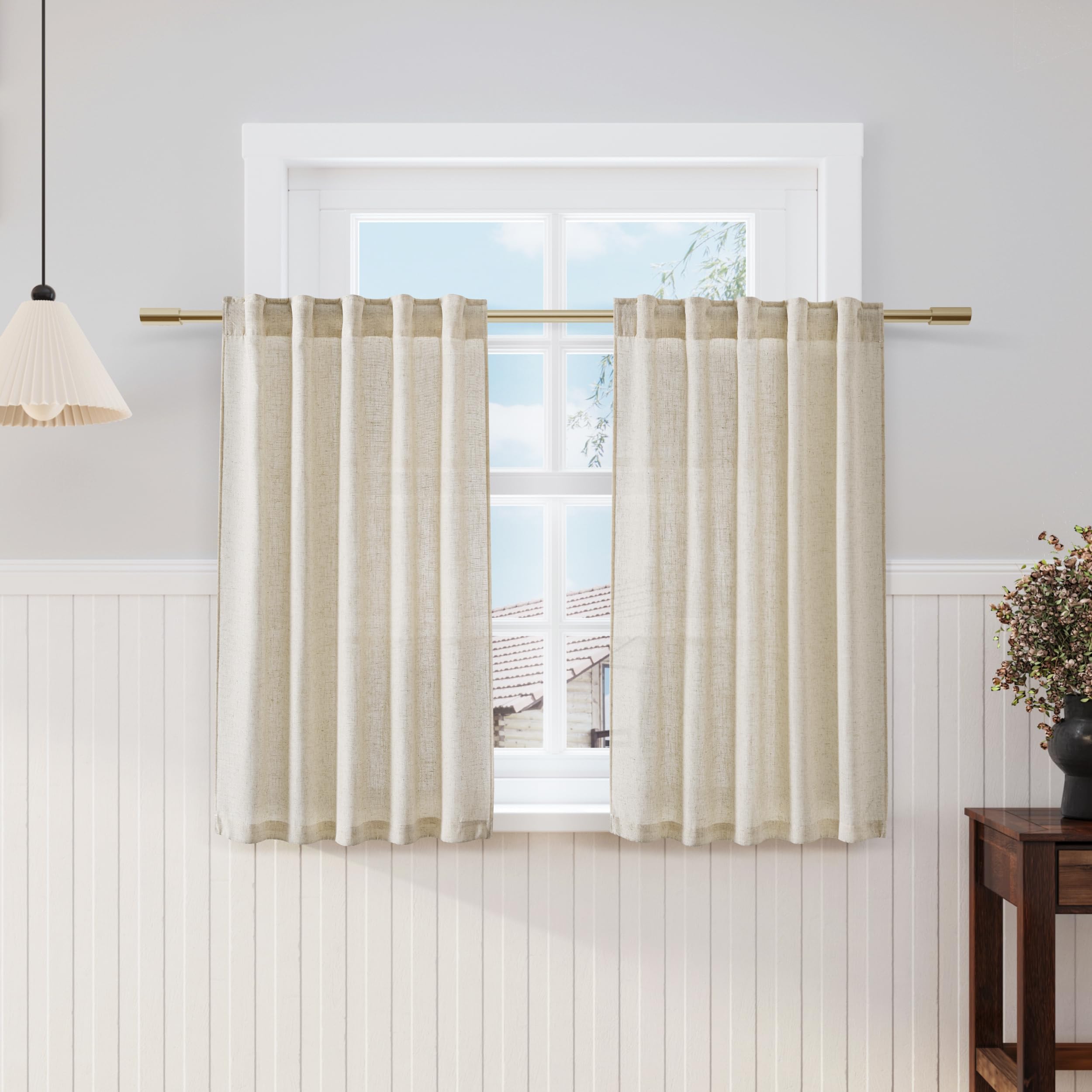 Nanspring Beige Cafe Curtains 45 Inch Length Set 2 Panel Back Tab Pocket Semi Sheer Short Linen Beige Curtain Tiers for Small Bathroom Window Basement 38x45