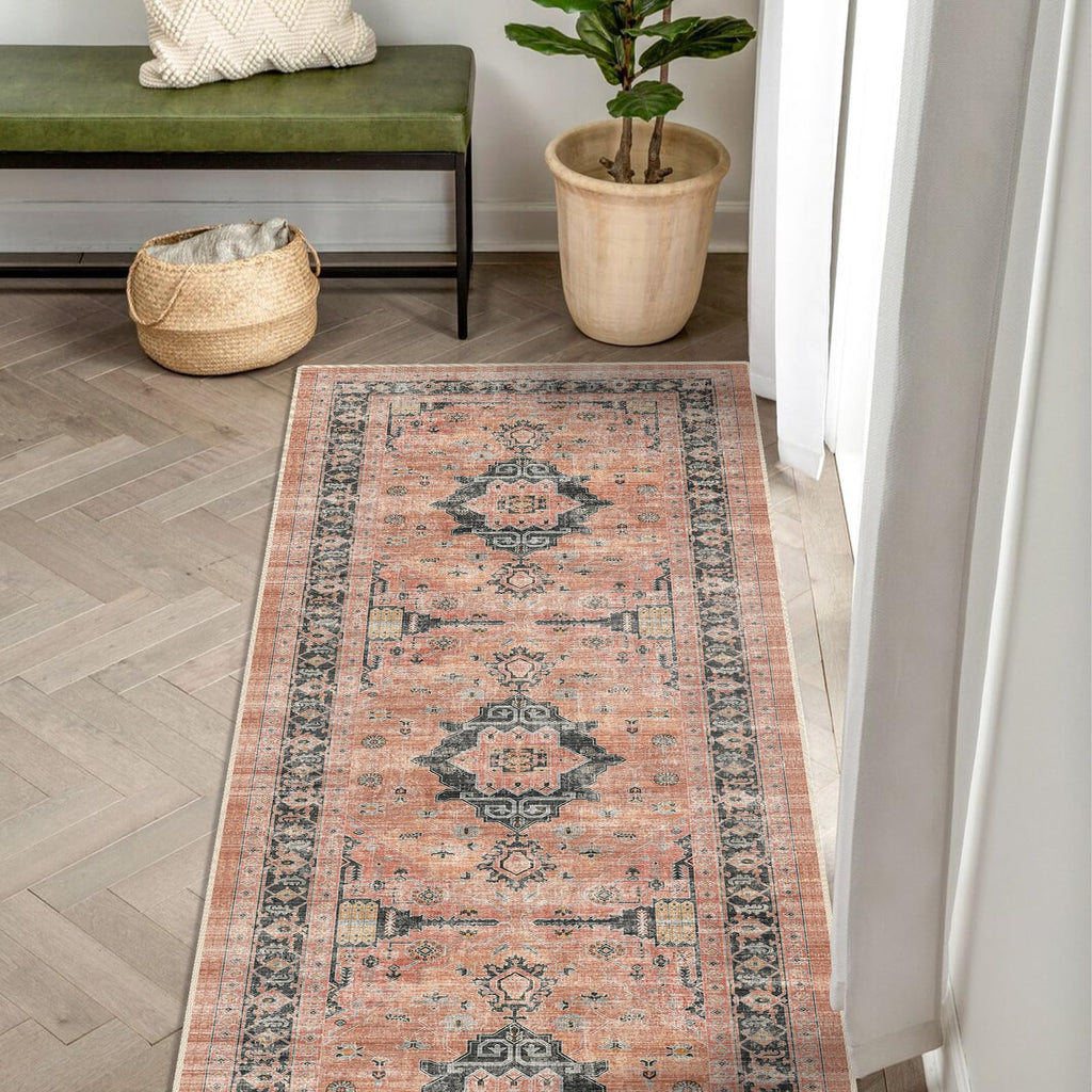 Washable 2x6 Hallway Runner Rug: Vintage Water Resistant Kitchen Entryway Rug Ultra Soft Living Room Bedroom Carpet Thin Non Slip Indoor Floor Mat for Bathroom Laundry (2 X 6,Orange)