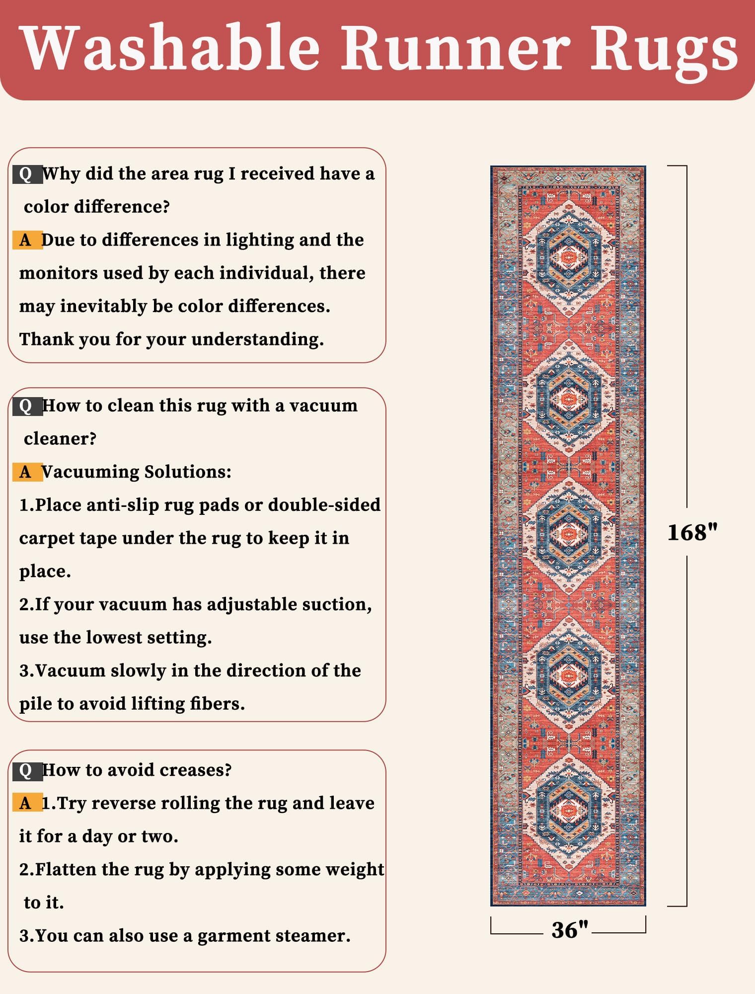 SERISSA 3x14 Washable Non Slip Boho Runner Rug for Hallway，Rust