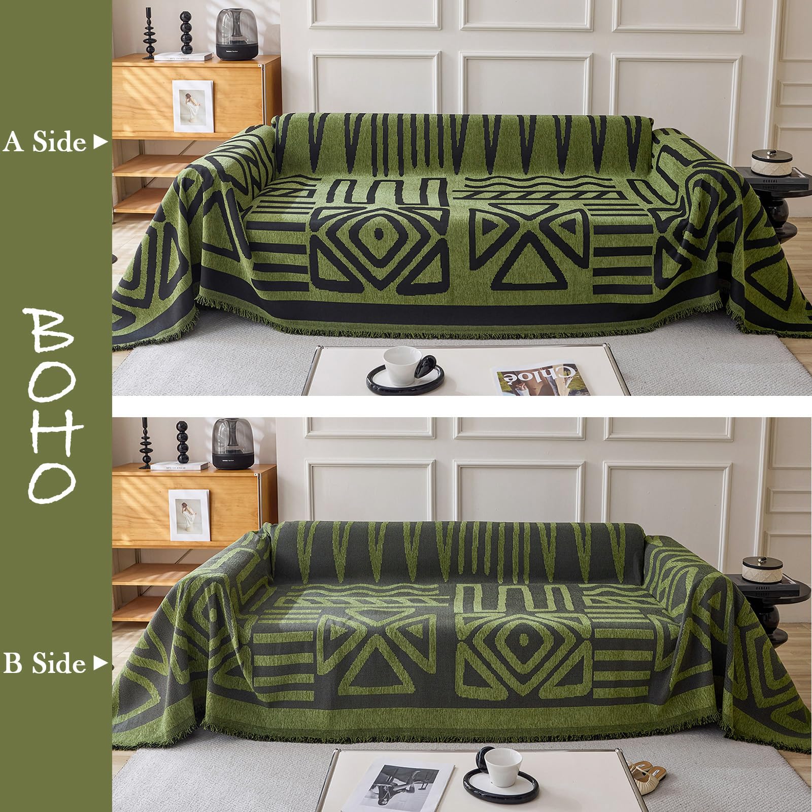 HANDONTIME Boho Geometric Couch Covers for Sofa Pet Friendly Avocado and Black Sofa Covers Washable Chenille Couch Blanket Cover for 3 4 Cushion Couches Pet Protector Furniture Cover Soft, 71" X 134"