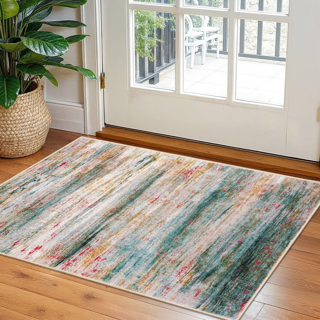 KOZYFLY Modern Abstract Small Area Rugs, 2x3 Washable Kitchen Rug Non-Slip Soft Small Bathroom Rug, Green Striped Entryway Rugs Abstract Print Faux Wool Doormat for Bedside Entrance Bedroom Sink