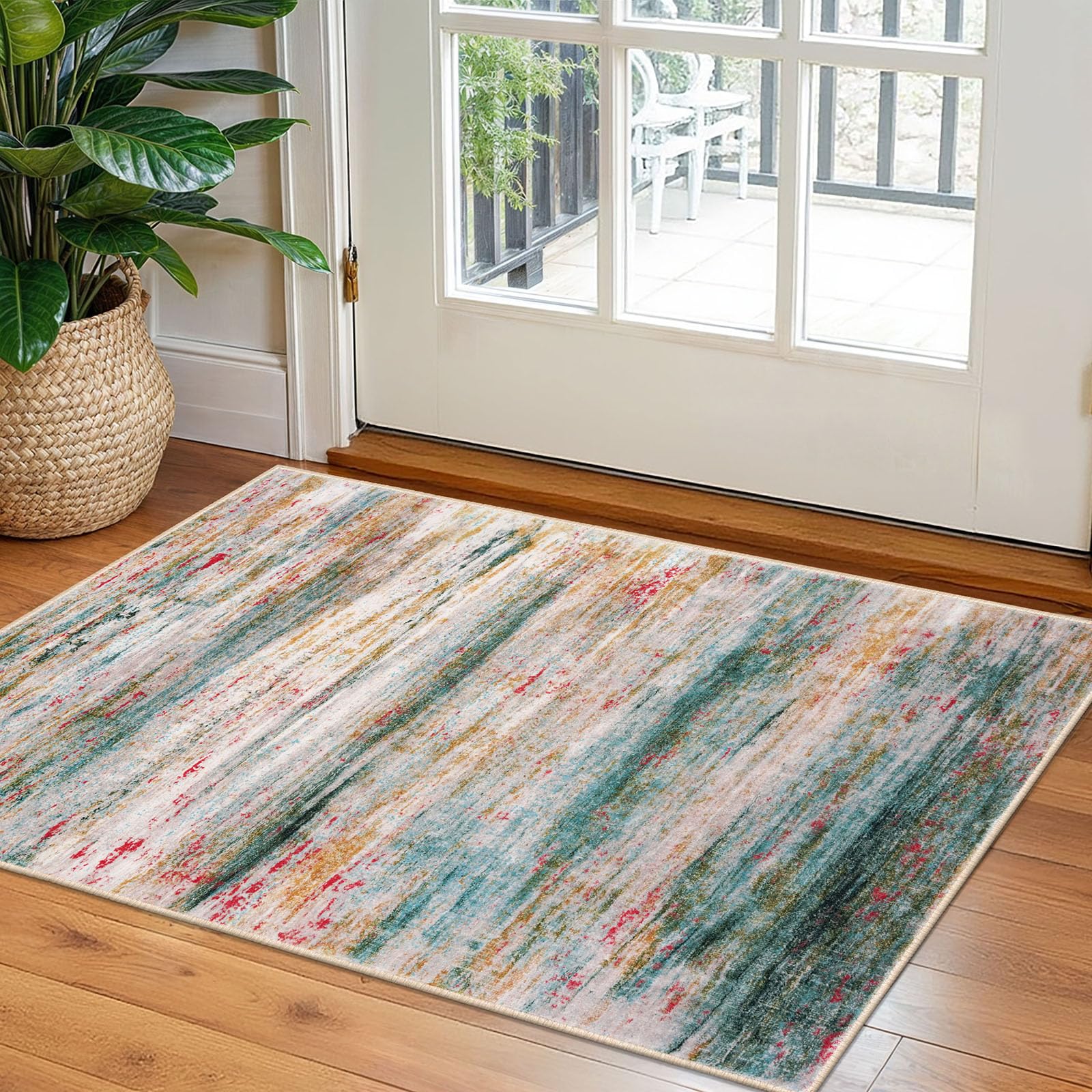 KOZYFLY Modern Abstract Small Area Rugs, 2x3 Washable Kitchen Rug Non-Slip Soft Small Bathroom Rug, Green Striped Entryway Rugs Abstract Print Faux Wool Doormat for Bedside Entrance Bedroom Sink