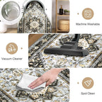 Yamaziot Washable Runner Rug, 2x8 Non-Slip Boho Vintage Hallway Rug Runner with Rubber Backing, Stain Resistant & Low Pile Distressed Carpet Runner for Bedroom, Kitchen, Laundry, Entrance, Black Gold
