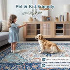 Lofus 9x12 Area Rugs for Living Room, Washable Area Rug, Rugs for Bedroom, Kitchen, Vintage Boho Carpet, Soft Non-Slip, Low Pile Large Area Rug for Office Dining Room, Floral Blue