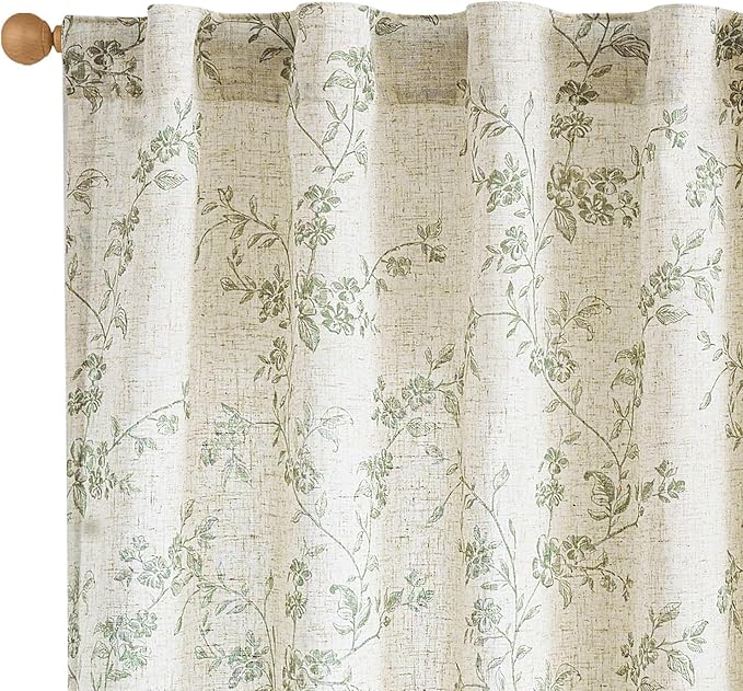 Lazzzy Green Vintage Floral Linen Curtains Farmhouse 38W X 90L 2 Panels