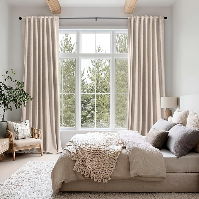 MIULEE 100% Blackout Linen Curtains for Bedroom, Beige Solid Luxury Decor Thermal Insulation Room Darkening Drapes for Living Room Nursery Back Tab Rod Pocket 42 x 96 Inches, 2 Panels