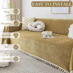 HANDONTIME Couch Covers for Pets Boho Mustard Yellow Love Seat Couch Covers Brown Sofa Cover for Dogs Pet Couch Protector Chenille Tassel Sofa Slipcovers Sofa Throw Cover Boho Decor, 91" X134"