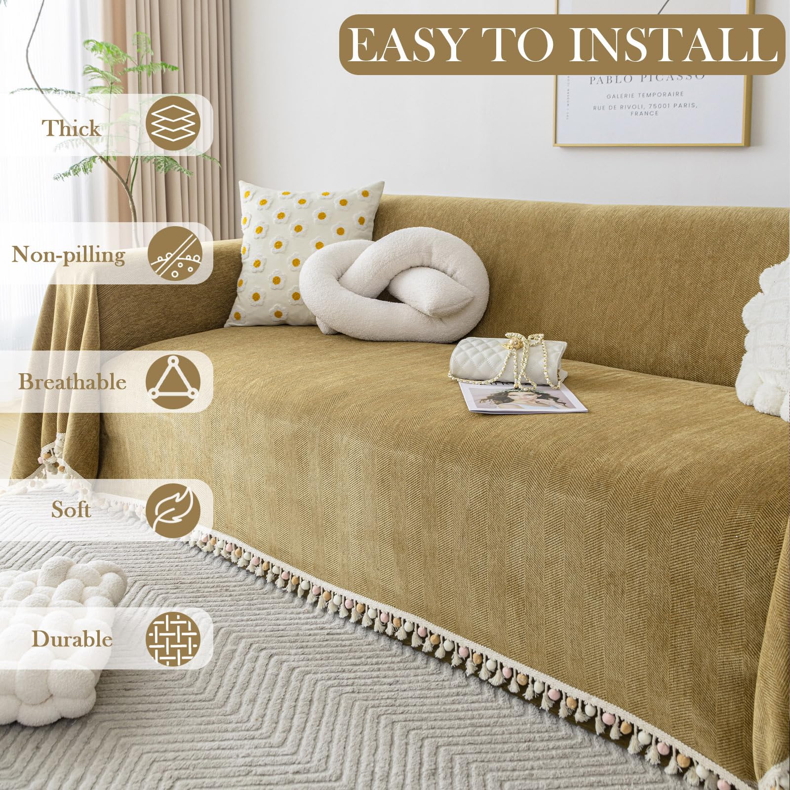 HANDONTIME Couch Covers for Pets Boho Mustard Yellow Love Seat Couch Covers Brown Sofa Cover for Dogs Pet Couch Protector Chenille Tassel Sofa Slipcovers Sofa Throw Cover Boho Decor for Living Room