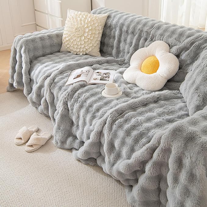 HANDONTIME Plush Sofa Covers Washable Rabbit Plush Couch Cover Soft Cozy Faux Fur Couch Protector for Dogs Fluffy Plush L Shaped Sofa Cover Pet Friendly Couch Protector Furniture, 71" X150"