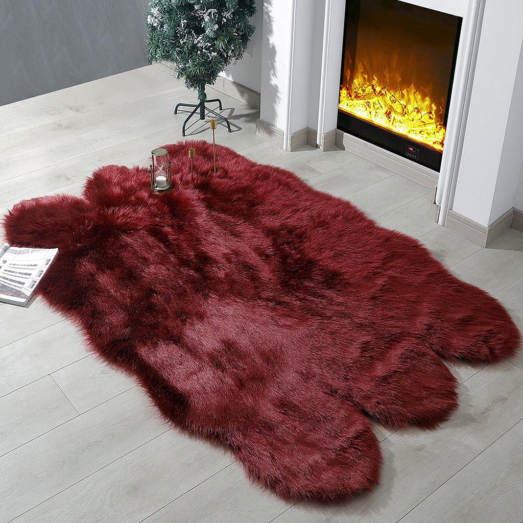 linmopm Faux Fur Rug Sheepskin Shag Fluffy Fuzzy Red 4x6 ft Rugs for Bedroom Bedside Bed Floor Living Room Plush High-Density Cushion Carpet Super Sofa Cover