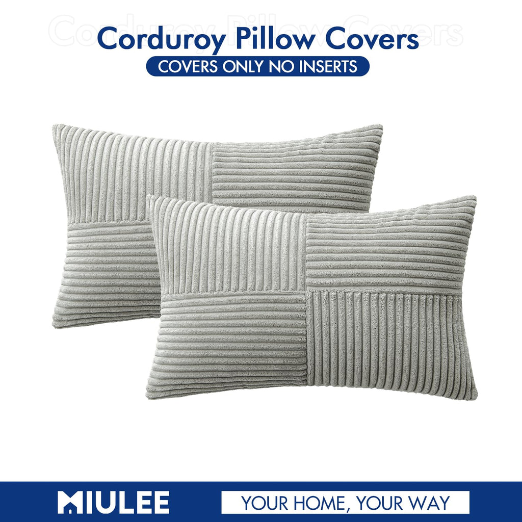 MIULEE Silver Grey Decorative Lumbar Throw Pillow Covers 12x20 Inch for Couch Bed Sofa Pack of 2 Boho Farmhouse Throw Pillows Soft Cross Corduroy Patchwork Textured Cushion Cases