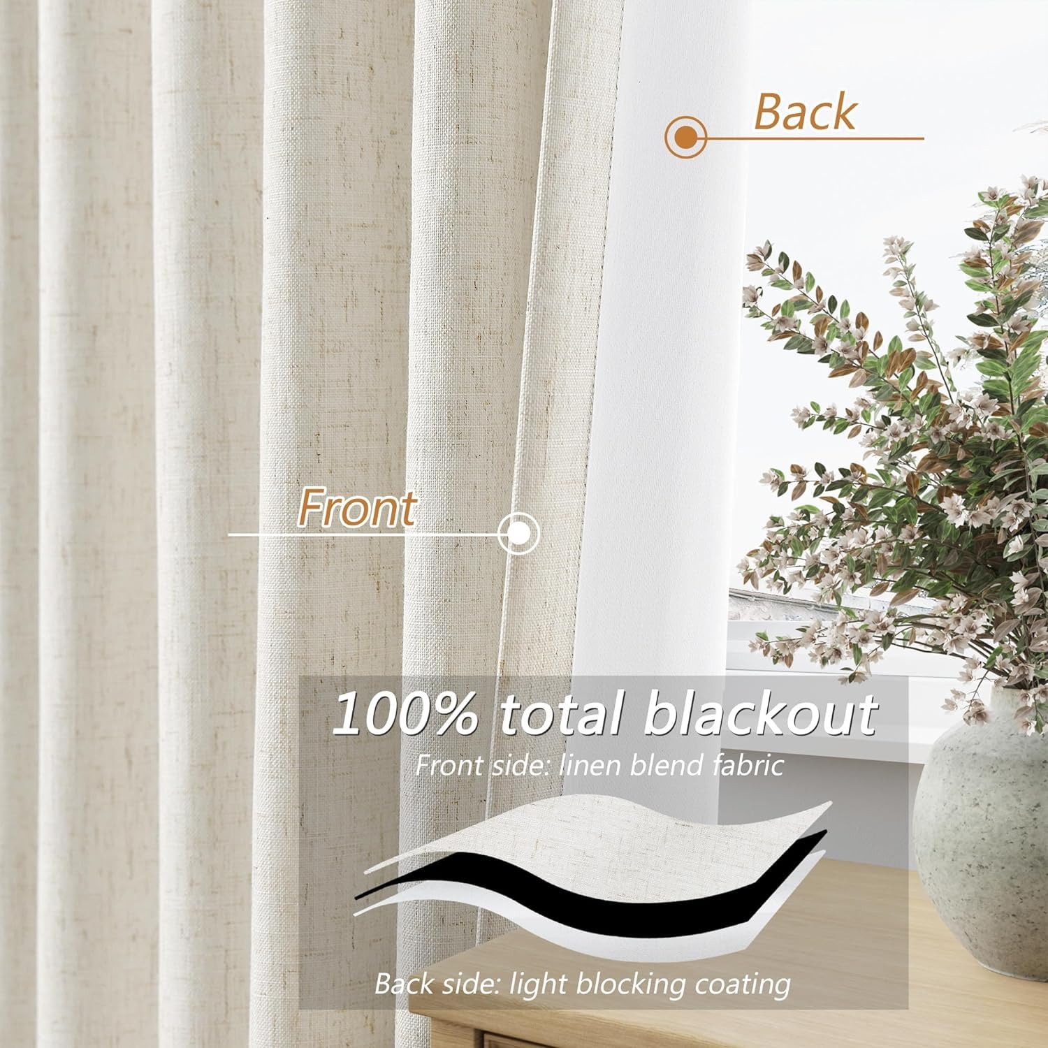 Guken 100% Blackout Linen Curtains for Bedroom 68 Inches Long Natural Cream Black Out Curtain Back Tab Thermal Insulated Room Darkening Window Drapes for Living Room 2 Panels Beige Ivory 52x68