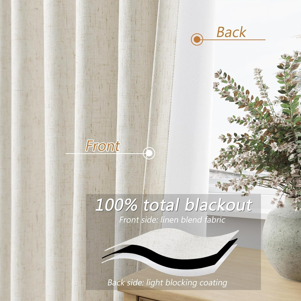Guken Extra Wide 100% Blackout Linen Curtains for Bedroom 96 Inch Long Ceiling to Floor 8 FT Natural Cream Black Out Curtain Back Tab Room Darkening Window Drapes 1 Pane Beige Ivory 60x96