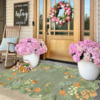 Sage Green Floral Entry Rug - 3x5 Ft Washable Indoor Outdoor Mats for Front Door Non-Slip Porch Rug Non-Slip Boho Throw Rugs for Living Room Bedroom Entryway Kitchen Office Porch Decor