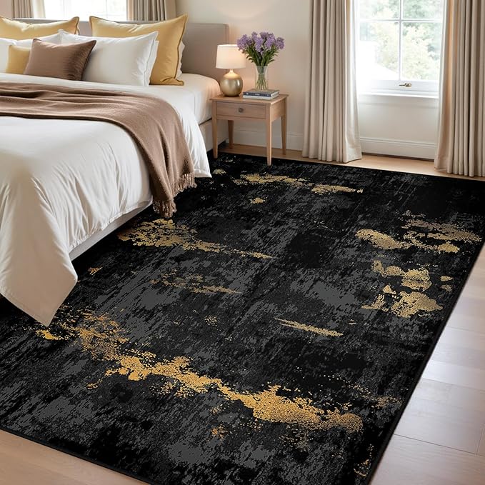 RELEANY Washable 3'x5' Abstract Area Rug for Living Room Black Gold