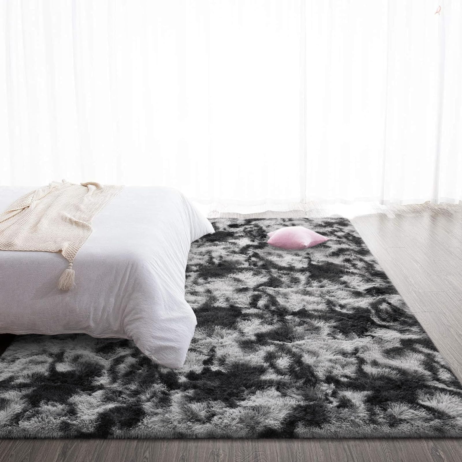 TWINNIS Super Soft Shaggy Rugs Fluffy Carpets 8x10 Feet, Indoor Modern Plush Area Rugs for Living Room Bedroom Kids Room Nursery Home Decor, Upgrade Anti-Skid Fuzzy Rug, Black and Grey
