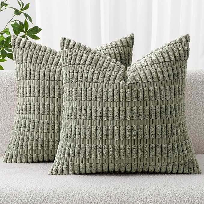 MIULEE Corduroy Decorative Throw Pillow Covers 18x18 Light Olive Pack of 2