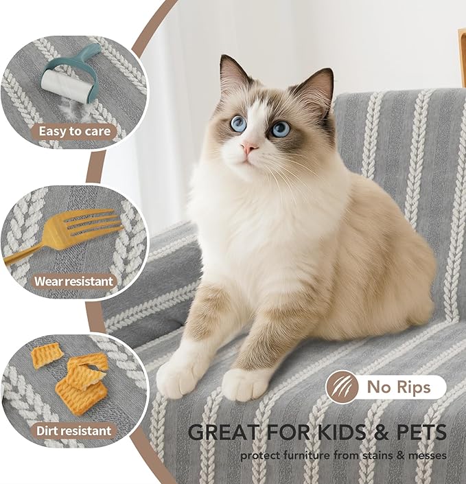 KaviKon Couch Cover for Dogs, Boho Sofa Covers for 3 Cushion Couch, Chenille Sofa Slipcover for Pets Washable, L-Shape Sectional Loveseat Cover Soft Throw Blankets with Tassels(71x134,Striped Grey)