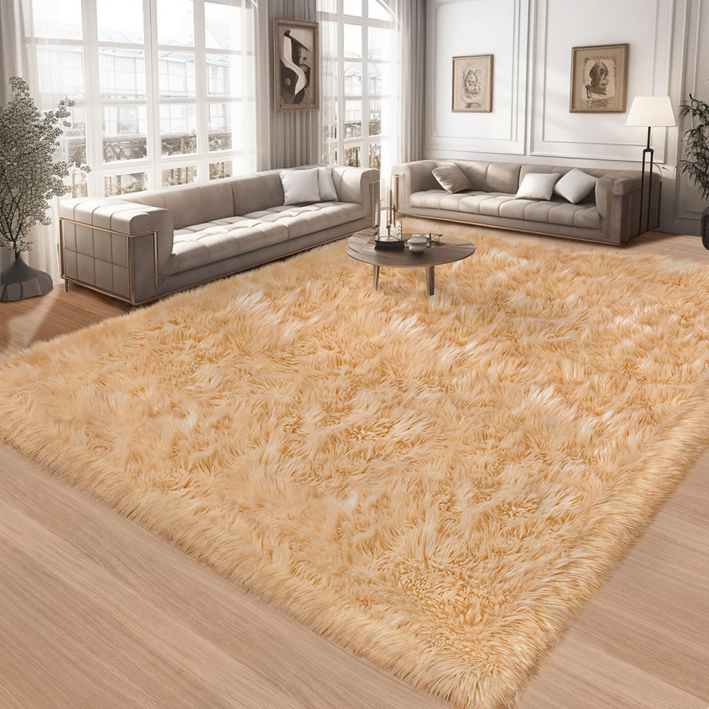 Ciicool Beige Faux Fur Sheepskin Rug 8 x 10 Feet, Large Sofa Fluffy Carpet