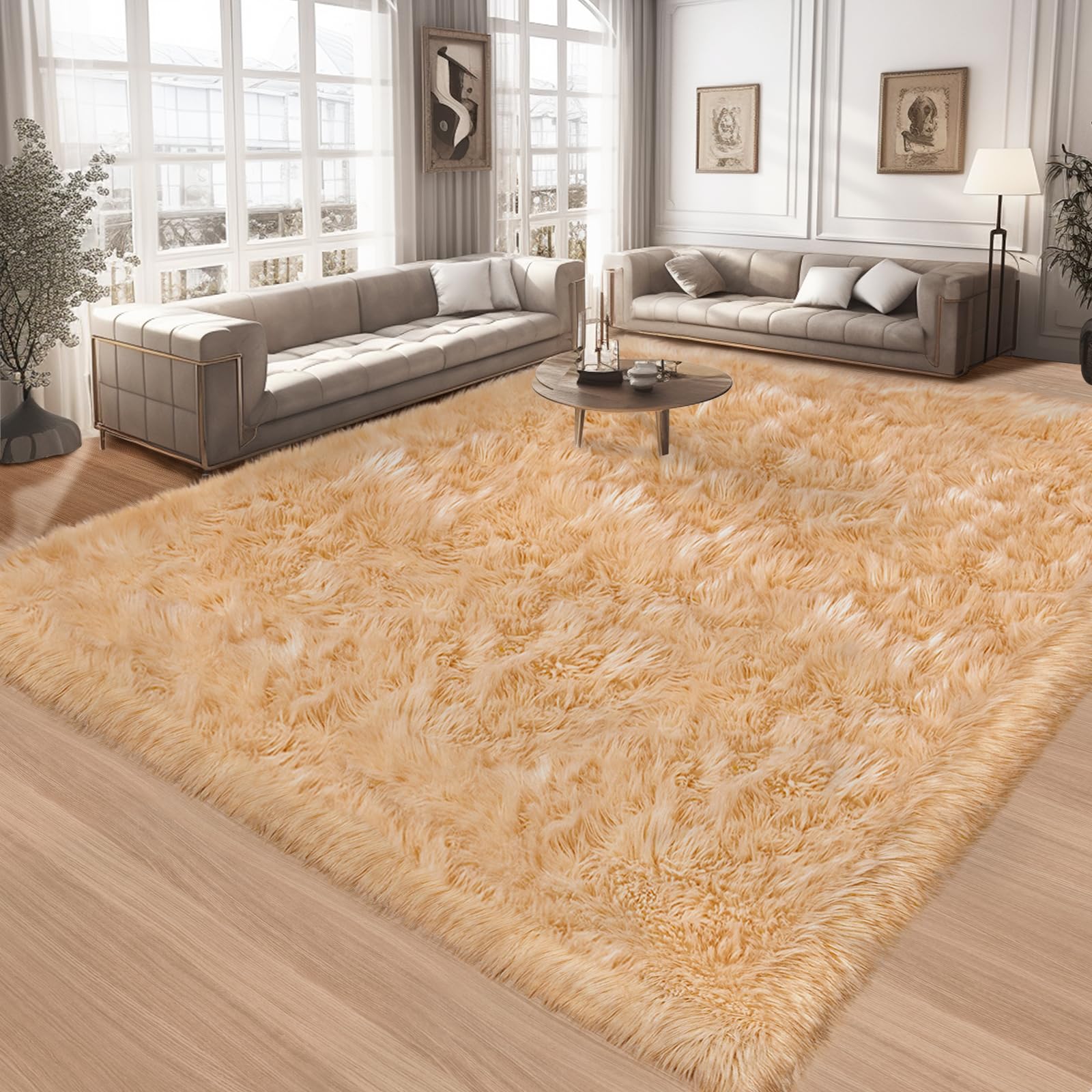 Ciicool Beige Faux Fur Sheepskin Rug 8 x 10 Feet, Large Sofa Fluffy Carpet