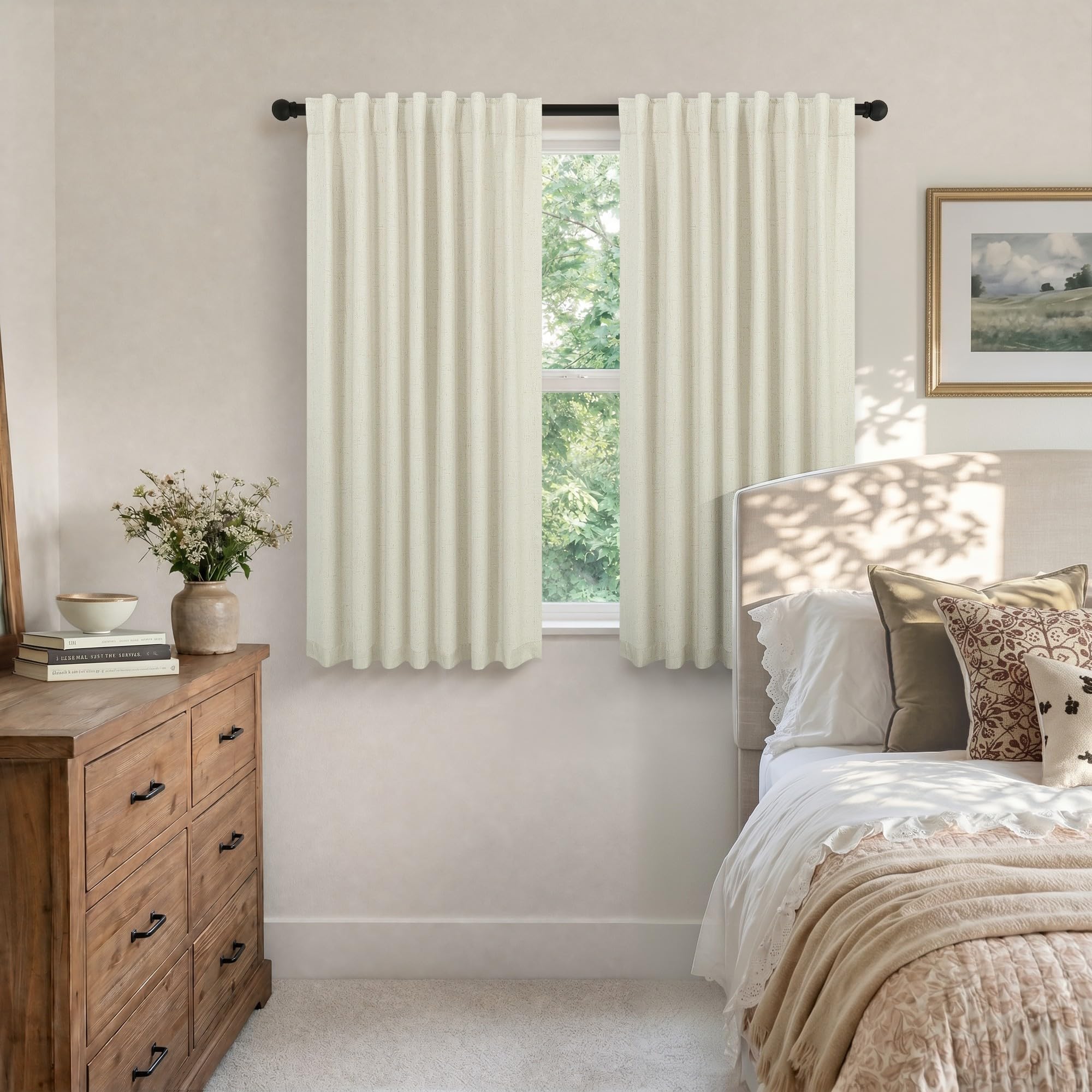Linen Textured Boho 100% Blackout Small Window Curtains 45 inch Length 2 Panels Country Curtain for Kitchen Door Bathroom Bedroom Living Room Darkening Short Cafe Drape Back Tab Rustic Farmhouse Beige