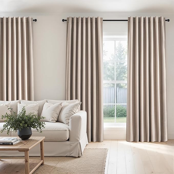 Natural Beige blackout curtains 84 inch Long 2 Panels 100% Blackout Linen Texture Curtain Window Drapes with Back Tab Rod Pocket Light Blocking Thermal Insulated Curtains for Bedroom Living Room