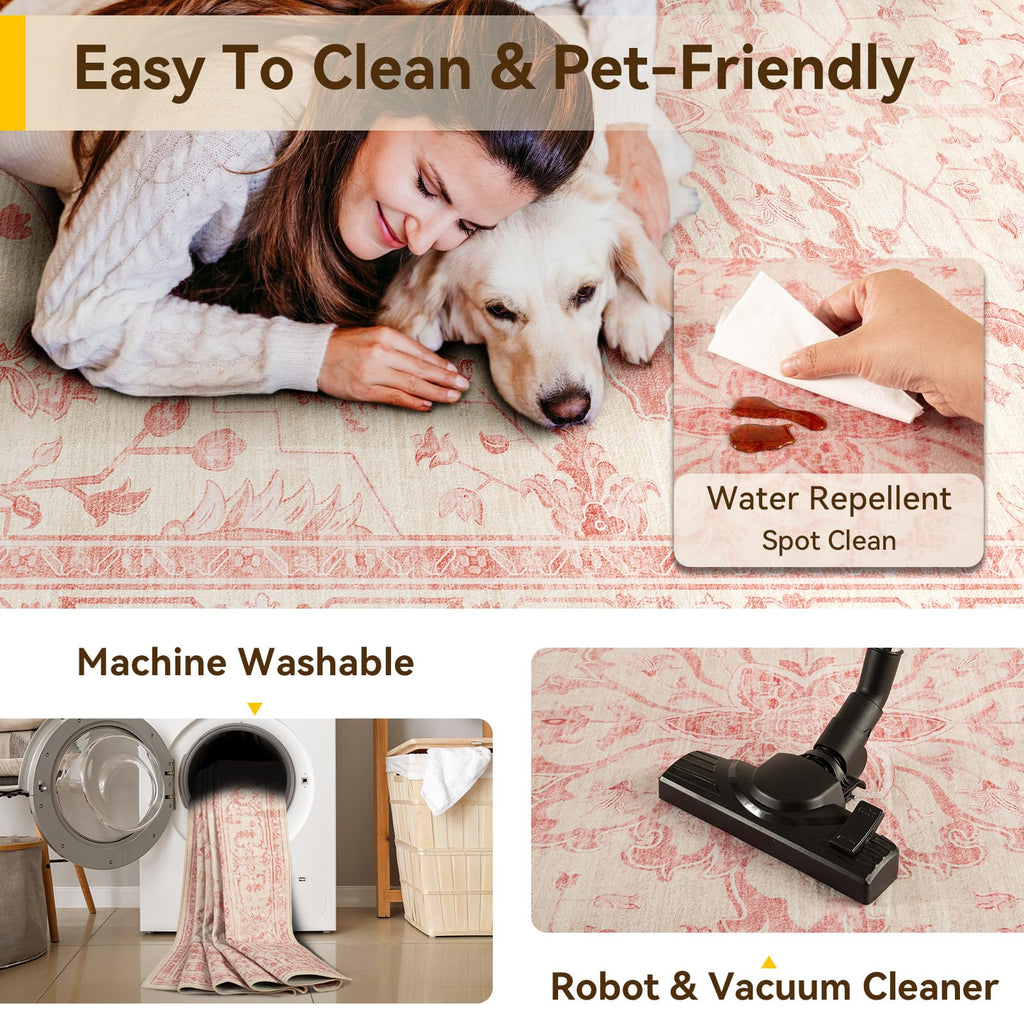RELEANY Washable Area Rug, Runner 2'x6', Pink/Light Vintage Pink