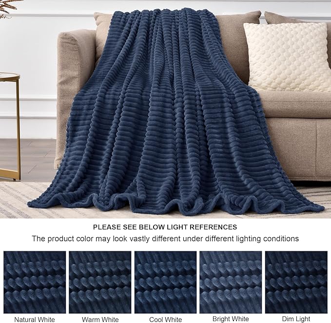 BEDELITE Fleece Throw Blanket for Couch – 3D Ribbed Jacquard Soft and Warm Decorative Fuzzy Blanket – Cozy, Fluffy, Plush Lightweight Navy Throw Blankets for Bed, Sofa, 84x90 inches