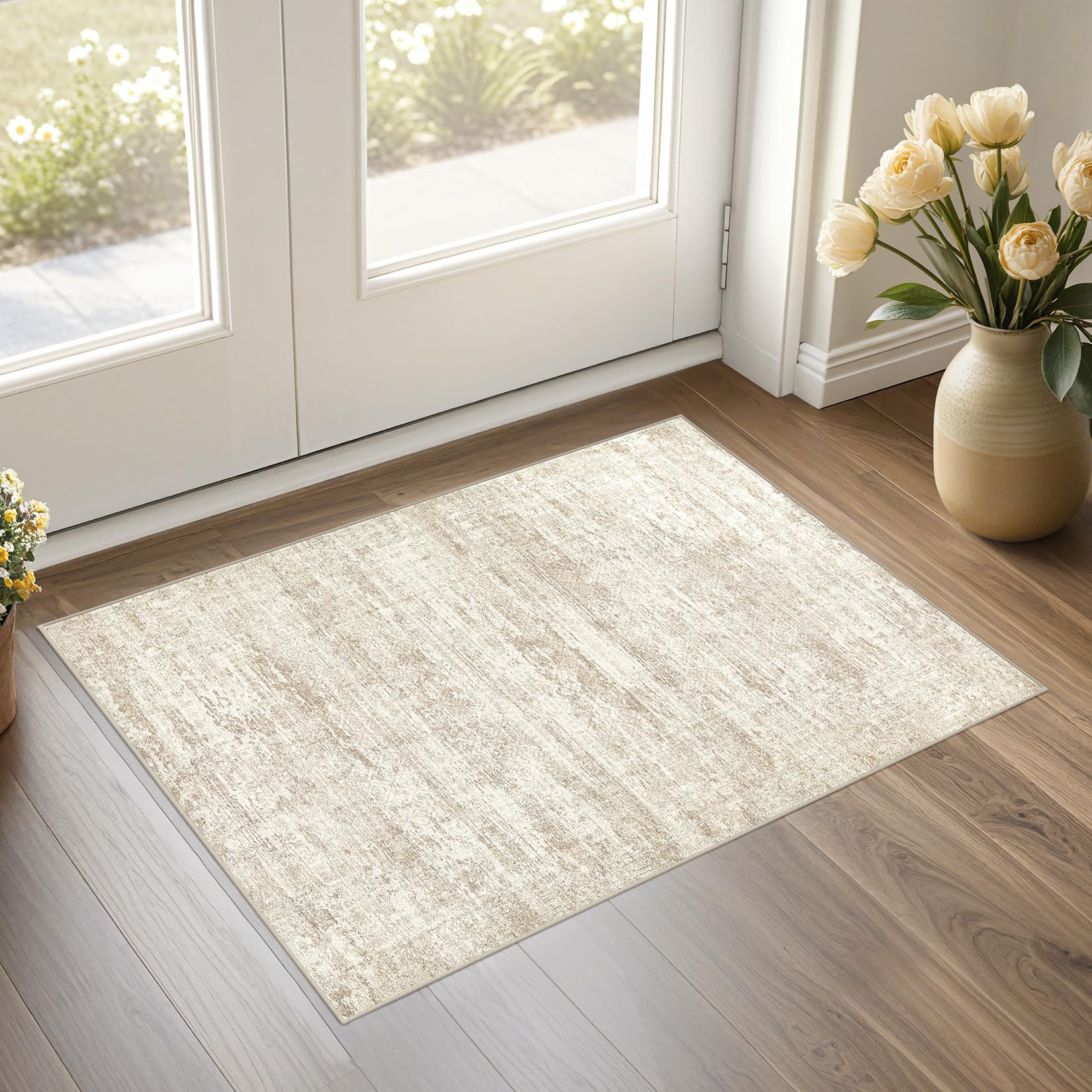 UERMEI 2x3 Entryway Area Rug: Washable Neutral Modern Abstract Small Rug - Non-Slip Low Pile Throw Indoor Carpet for Entrance Kitchen Front Door Mat Bathroom Entry Kids Room - Dark Brown - Beige/Brown