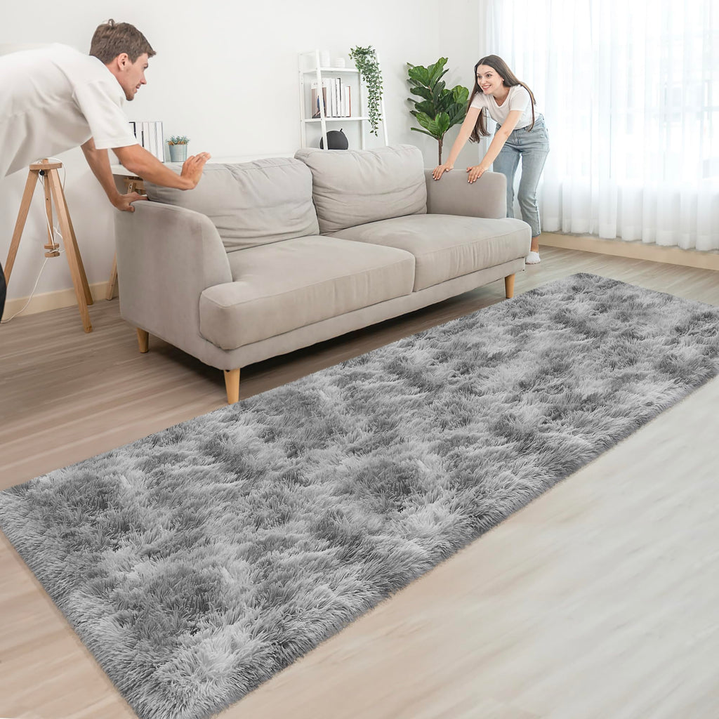 JiaoBaba Super Soft Fluffy Living Room Area Rug 3x10 ft Tie-Dyed Light Grey Shaggy Furry Carpet Washable Non-Slip Floor Rugs Bedroom Bedside Nursery Rug Fuzzy Boys Girls Dorm Home Decor Aesthetic