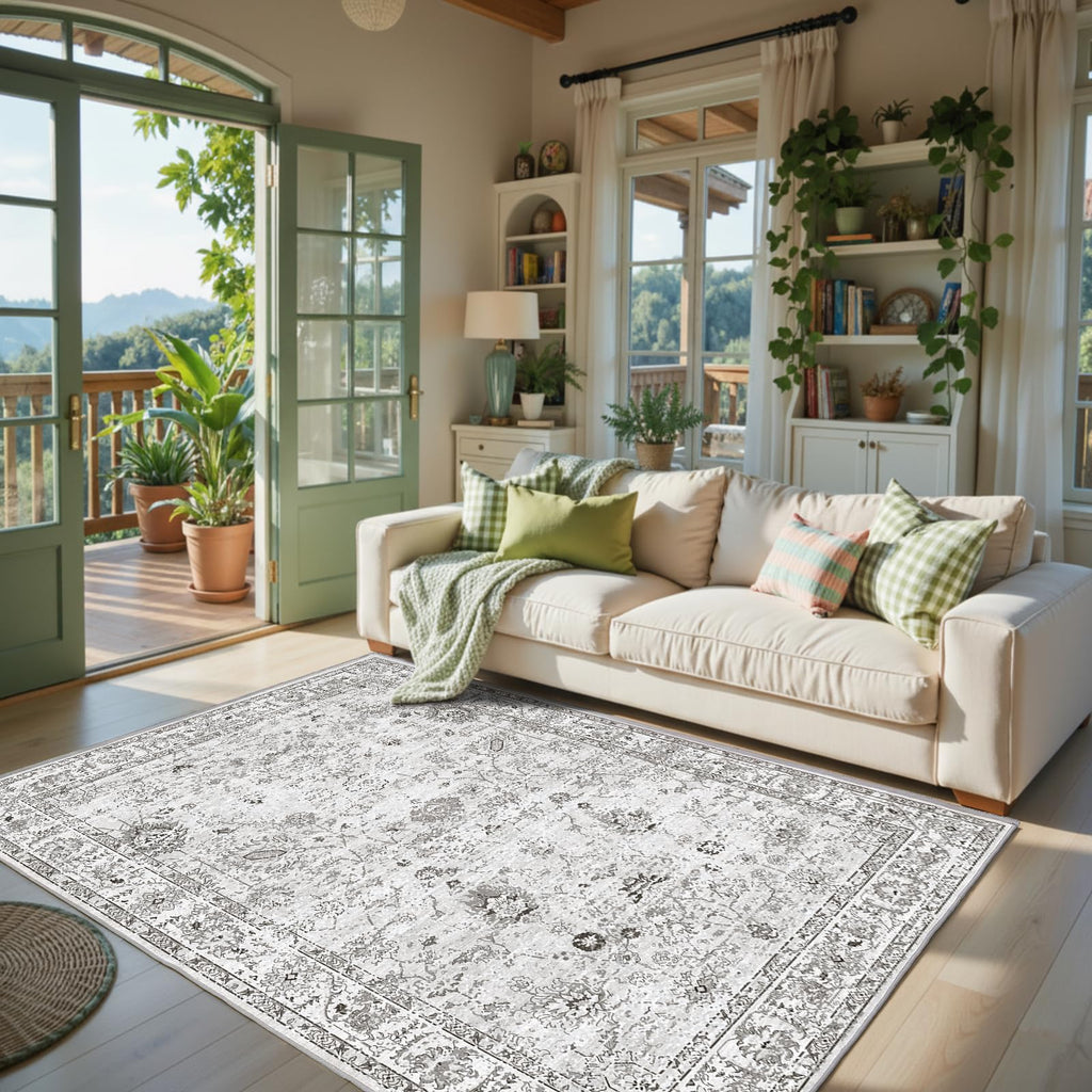 Babovid Grey Floral Area Rug 4x6 for Bedroom Dining Room