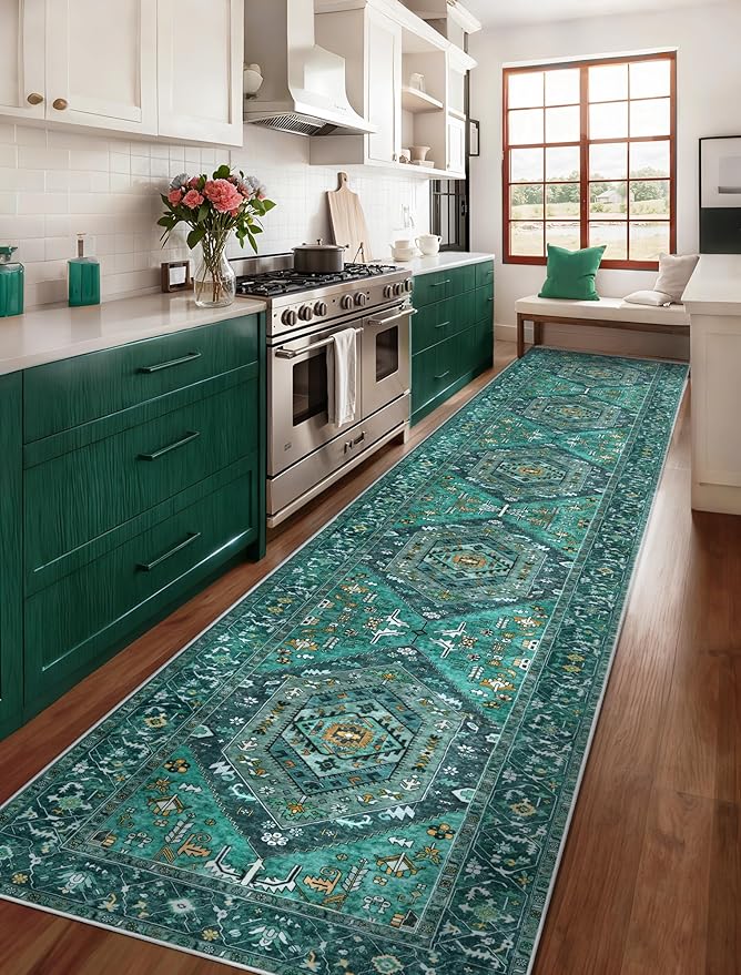 SERISSA 2'6"x14' Washable Non Slip Boho Runner Rug for Hallway，Teal