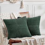 Fancy Homi Set of 2 Dark Green Decorative Throw Pillow Covers 20x20 Inch for Living Room Couch Bed, Boho Farmhouse Forest Green Home Decor, Soft Corss Corduroy Patchwork Textured Cushion Case